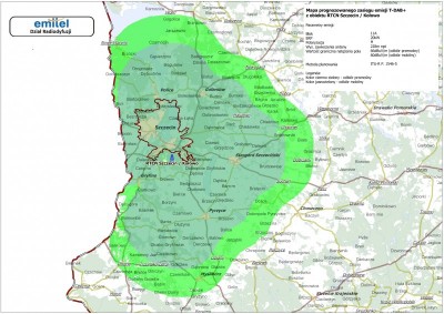 Prognozowany zasięg emisji T-DAB+ z obiektu RTCN Szczecin Kołowo..jpg